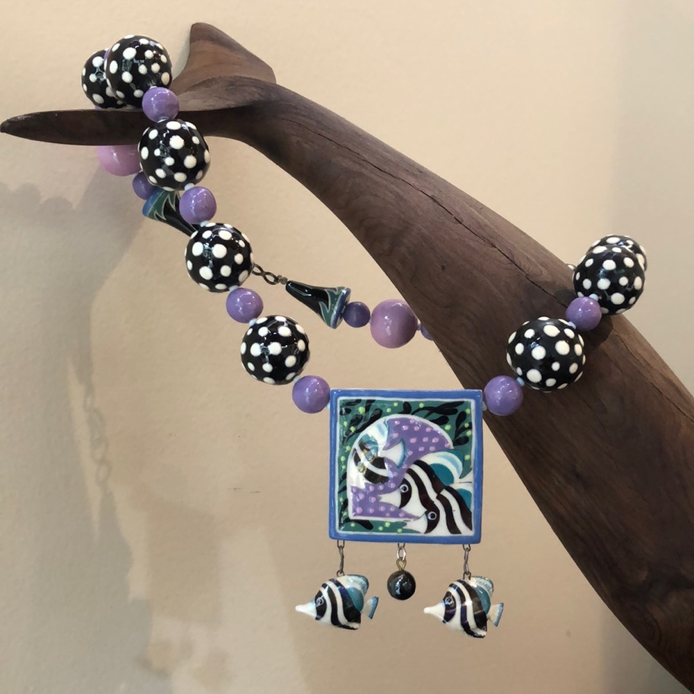 Vintage Handcrafted Ceramic Bead Fish Necklace & Clip-on Earrings- Daina- 80s